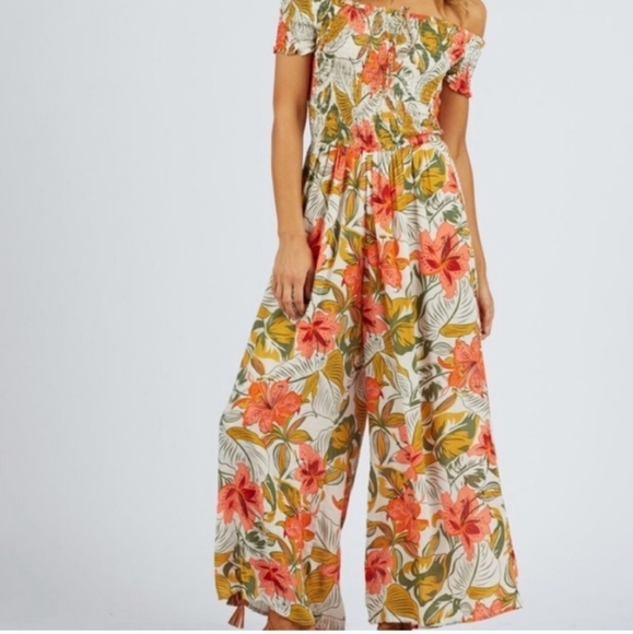 Cleobella by Anthropologie Nohea Tropical Indian Hibiscus Smock Jumpsuit Medium - Picture 1 of 9